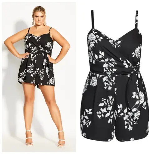 City Chic Womens Shorts Romper Floral Print Tie Front Black White Size XL 22
