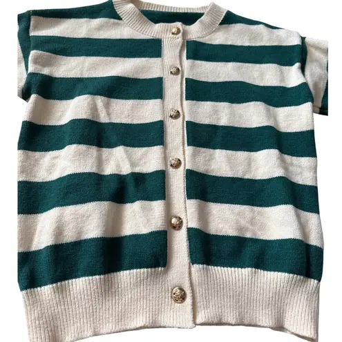 Long Sleeve Crew Neck Button Up Striped Sweater Cardigan Green White Size Large - Image 6