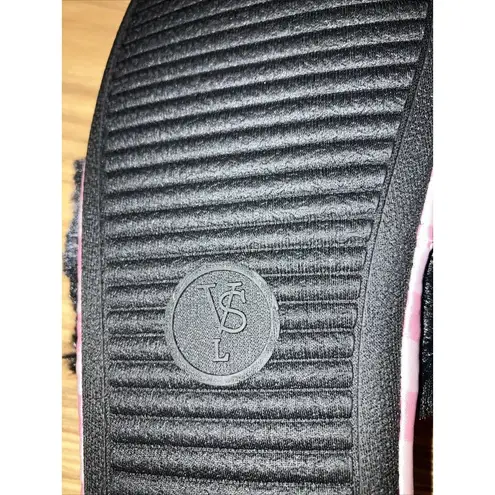 Victoria's Secret  Pink Stripe Logo Size LARGE Faux Fur Trim Satin‎ Slipper VS