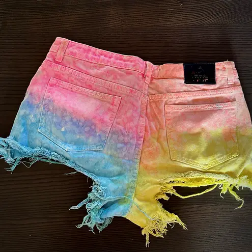 Unif Pastel Tie Dye Jean Shorts Distressed Denim 2010s Cut Offs Festival Rave