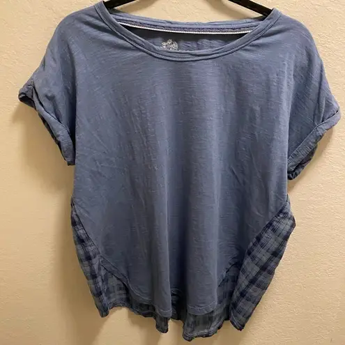 Pilcro Anthropologie Blue Mixed Media Plaid Short Sleeve Cuffed T-Shirt Size XS