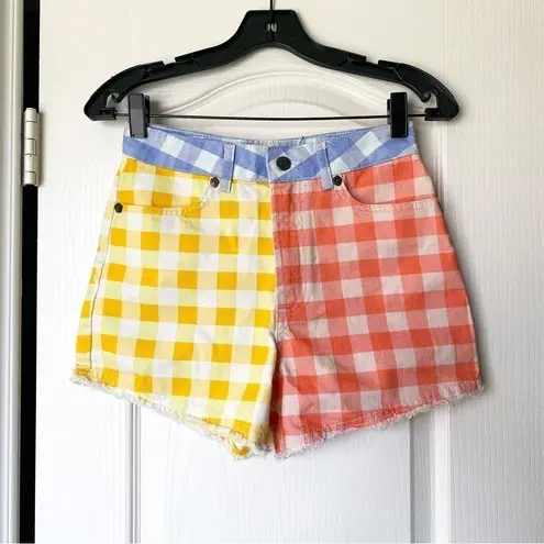 Farm Rio Anthropologie Shorts Gingham Colorful Picnic Frayed Yellow XS NWT