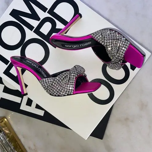 Sergio Rossi 95mm Tyra Embellished Satin Mules in Fuchsia