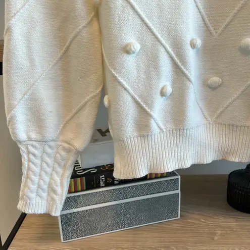 Simplee Pom Pom Bobble Stitch Cable Knit Long Sleeve Sweater, Small White