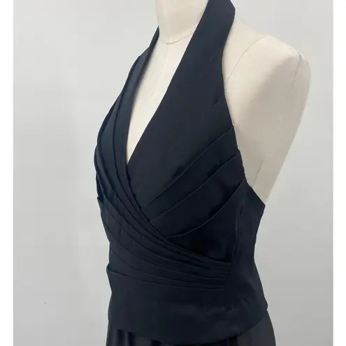 Tadashi Shoji Vintage 90s Tadashi Halter Gown Pleated Bodice Taffeta Fit & Flare Maxi Black S