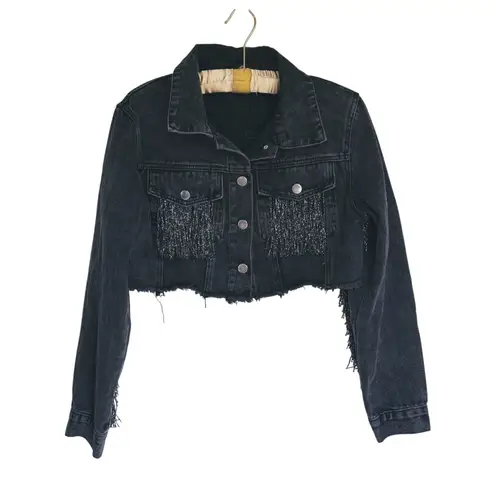 Allegra K Fringe Cropped Distressed Y2K Denim Jacket Medium Western Raw Hem Grunge Retro