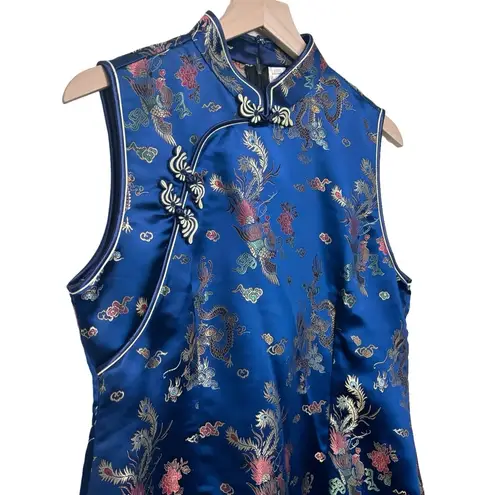 Women’s Chinese Asian traditional bright blue jacquard sleeveless dress Size L