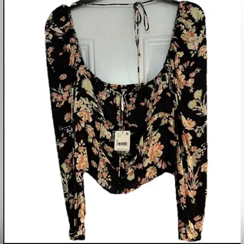 Free People  Womens Hilary Printed Top Square Neck Long Sleeve Floral‎ Black S