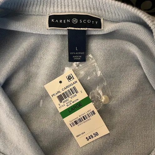 NWT Karen Scott Faux Pearl Button-Up Cardigan Light Blue L