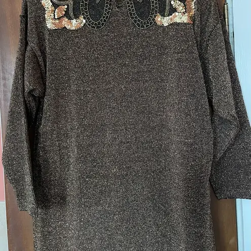 Larisa Vtg Dress Holiday Black Gold Shoulder Pad Sequin Embellished Sweater Size L