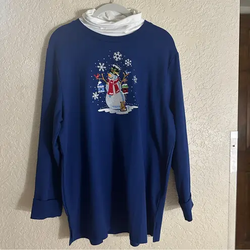 Quacker Factory Blue Holiday Snowman Winter Turtleneck Sweatshirt L