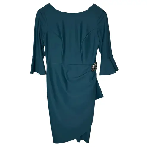 Alex Evenings Scuba Compression 3/4 Sleeve Ruffle Sheath Dress Teal size 2