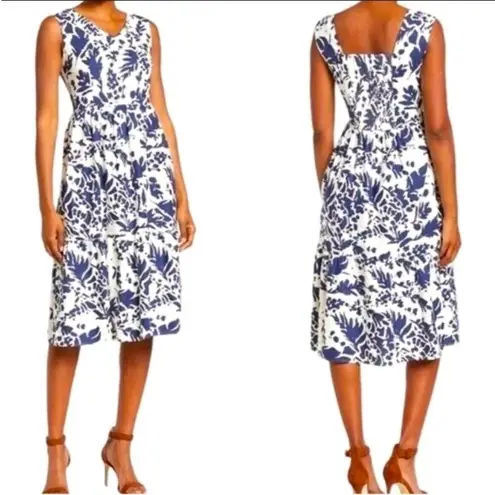 Magaschoni navy white print sleeveless tiered linen midi dress coastal 14