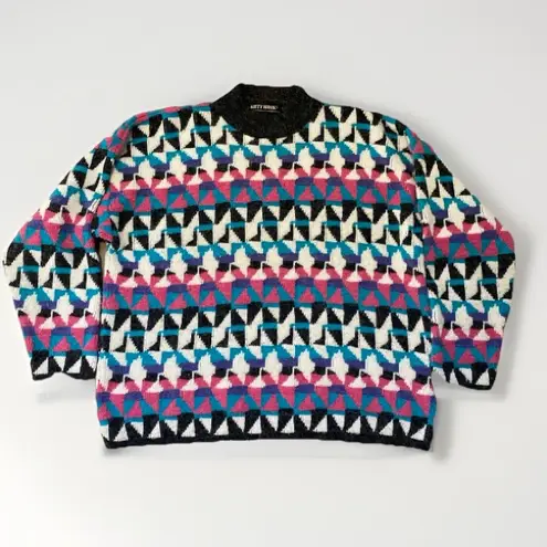 80s Vintage Kitty Hawk Mockneck Sweater Womens L Chunky Knit Geometric Colorful Multiple Size L