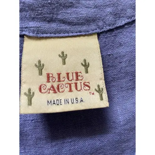 Vintage Blue Cactus Linen Dress Made in USA Boho Painted Print Drop Waist M/L Purple Size M
