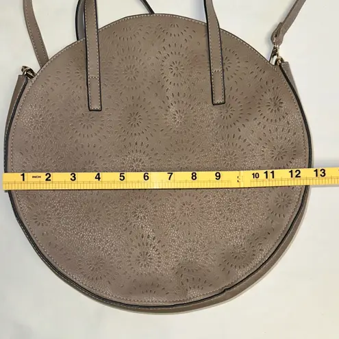 BOHO Vegan Leather LG Taupe Round Circle Bag Purse Flower Cutout Suede Interior Brown
