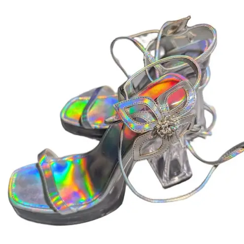 Vtg Y2K Soda Silver Holographic Flower Applique Chunky Clear Heel Sandals Sz 8.5