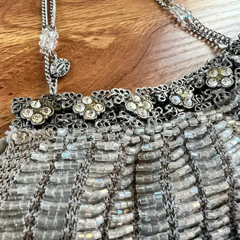 CLARA KASAVIN Beaded Evening Clutch Purse Silver Black Rhinestone Flowers Chain