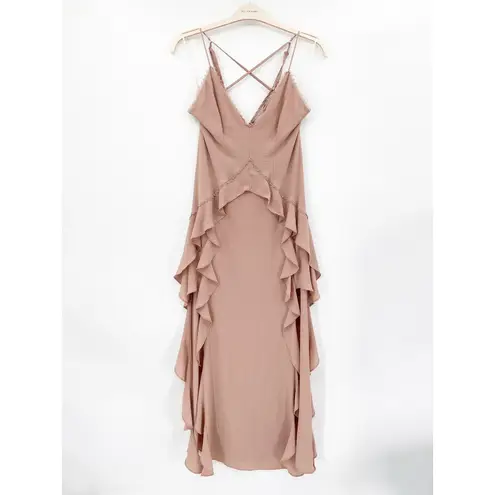 The Jetset Diaries Light My Fire Nude Pink Ruffled V-Neck Gown Size Small