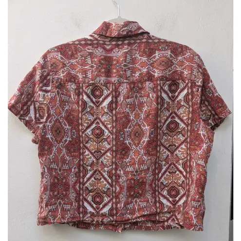 Rachel Zoe  Blouse Button-Up Cropped Aztec Top 100% Linen Red Orange Size M
