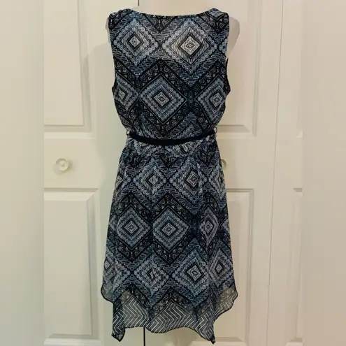 AB Studio  Blue Print Sleeveless Belted Defined Waist Knee Length Dress M