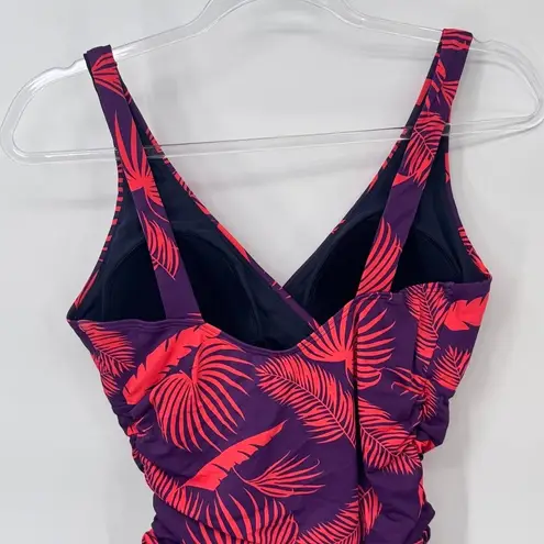 Boden One Piece Swimsuit Ruched Tropical Palm Leaf Print Purple Red US 8