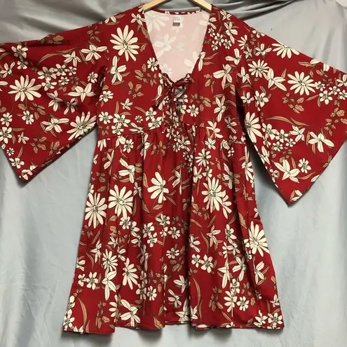 None No brand small Boho, wide sleeve, baby doll type, red orange cream flowers