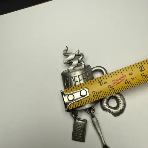 Signed JJ Coffee Lover Cup With Spoon Charm Dangle Brooch Pin Jonette Jewelry Silver
