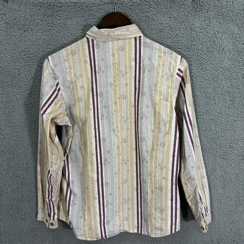 Cabela's Shirt M Beige Purple Stripe Floral Button Front Western Cottagecore
