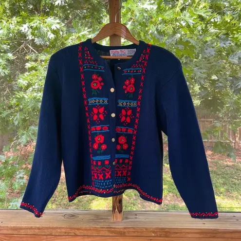 Tally Ho Creations Women's Vintage Navy And Red Embroidered Sweater Size L Blue Size L