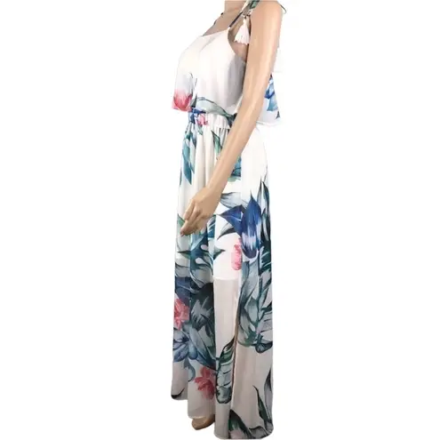 Free The Roses  Palmetto Floral Shoulder Tassel Tie Side Slit Maxi Dress Sz S