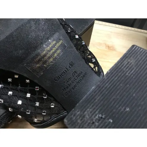 Open Edit Slide Sandals Women's 7 Black Mesh Rhinestones High Block Heels Preppy