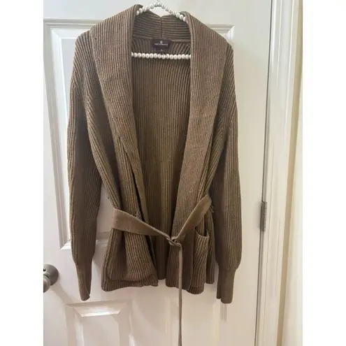 Bruno Magli Merino Wool Ribbed Belted Shawl Cardigan Women's M TAN Size M