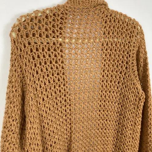 Handmade Womens L Long Brown Crochet Open Knit Oversized Cardigan Boho Granola
