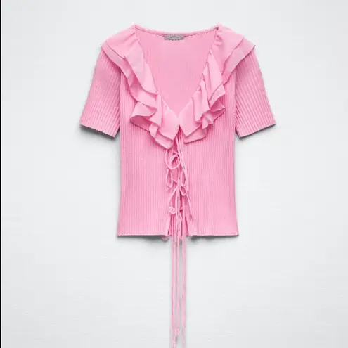 ZARA NWT  RUFFLED RIBBED T-SHIRT PINK