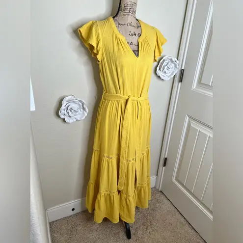 Magaschoni 100% Organic Cotton Tiered Flowy Midi Dress in Lemon Sz Large