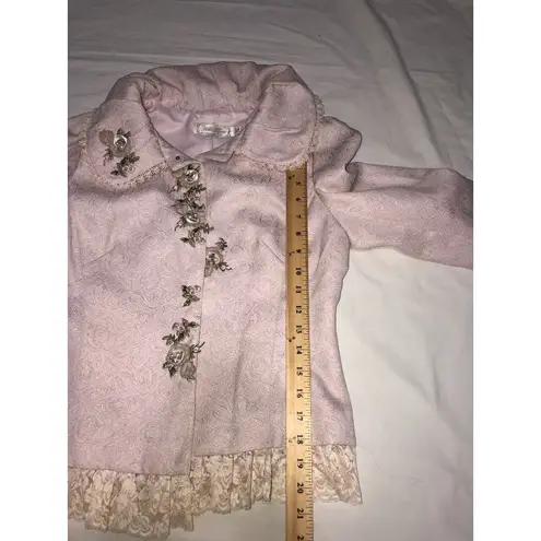 Fille Clair Pink Floral Jacquard Embroidered Jacket Size S Lace Trim Grannycore