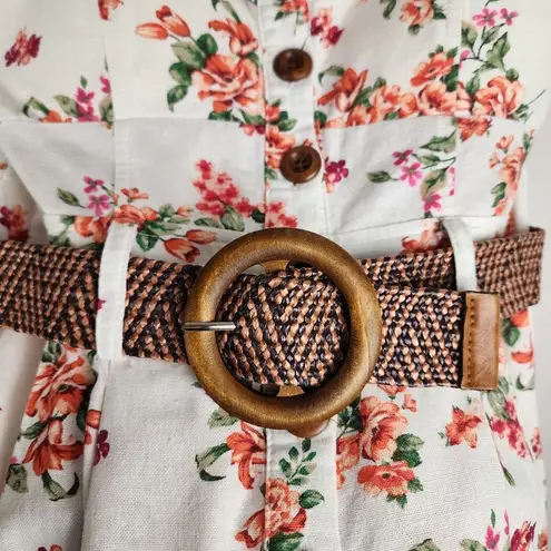 Mind Code Cotton Mini Dress Floral Cream Belted Wooden Button Size M