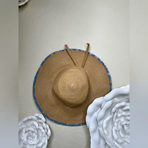 NTM: David & Young Floppy Straw Hat with Blue Floral Print Sz OS Tan