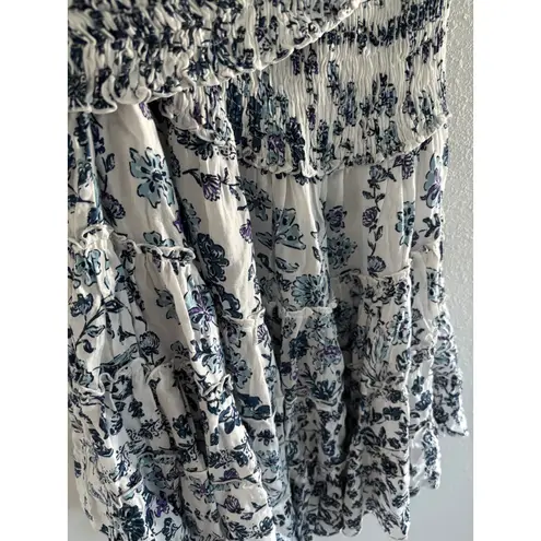 Poupette St Barth Soledad Dress Large Blue Floral Smocked Ruffle Mini Resort