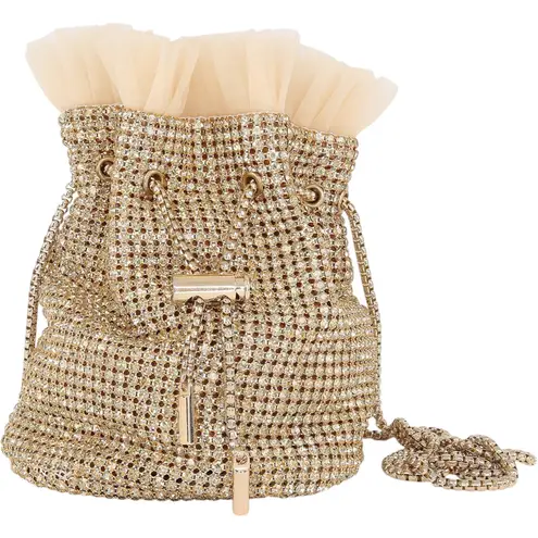 Badgley Mischka Adley Drawstring Bag with Ruffled Tulle Rhinestone Purse Gold