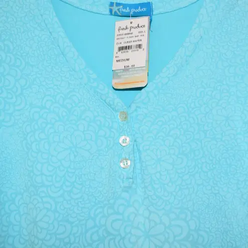 Fresh Produce NWT ABSTRACT FLOWER BABY RIB, CLEAR WATER AQUA TOP, SIZE MEDIUM