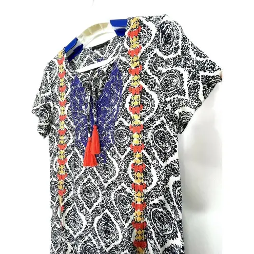 THML Damask Print Multicolor Embroidered Casual Tunic Dress Size Small FLAW