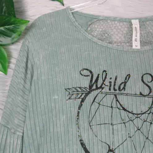 American Age Mint Green Boho Acid Wash Crochet/Lace Back Long Sleeve Top