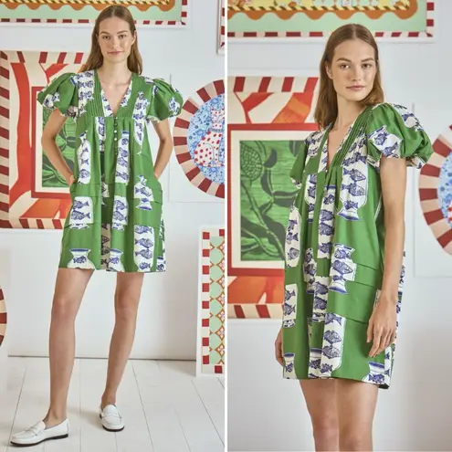 Hunter Bell  Wilkes Dress Herring Green Puff Sleeve Cotton Size Medium NWT