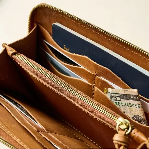 Cognac Brown Gold Studded Zipper Wallet — Wristlet — Vegan Leather — New