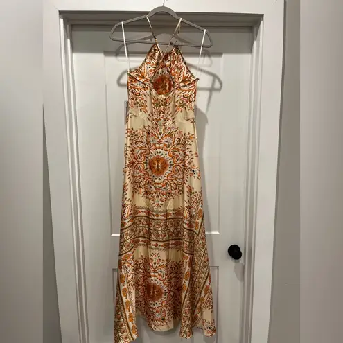 Aakaa Orange Cream Mosaic Boho Pattern Evening Maxi Halter Dress Size Small