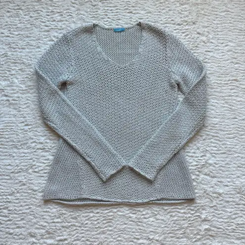 J. McLaughlin Crochet Open Knit Weave Sweater S Gray Metallic Mesh Beachy Mermaid