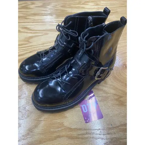 Tod's Women's 6.5 Black Patent Leather Side Zip Lace Up Ankle Strap Combat Boots
