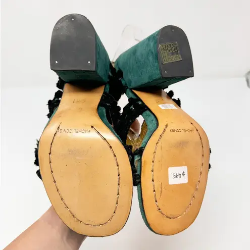 Rachel Comey Chenille Suede Green Black Pom Pom Block Heeled Cage Sandals US 6